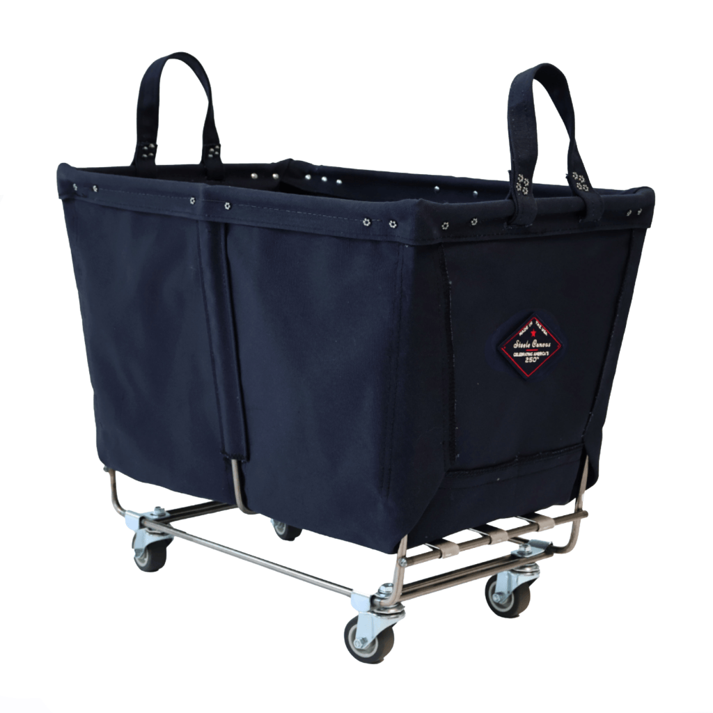 Midnight-navy Steele Canvas rolling truck with metal frame, caster wheels, and 250th anniversary patch.
