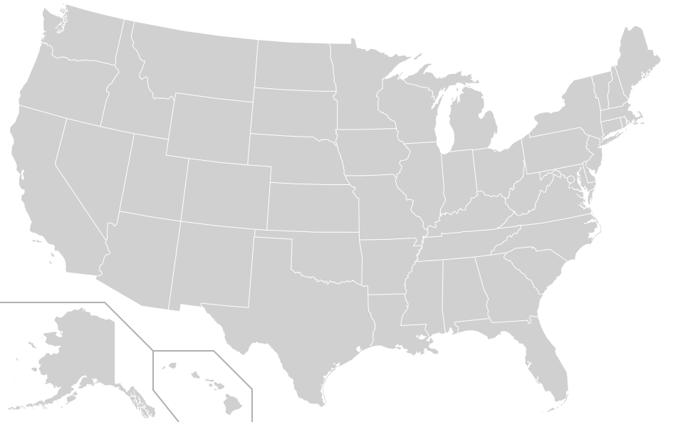 Map of the United States marking Hawaii and California as states with documented commercial coffee production