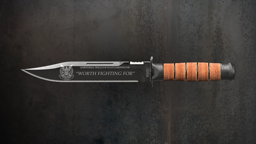 Worth Fighting For knife blueprint engraved with Kyle Carpenter's name.