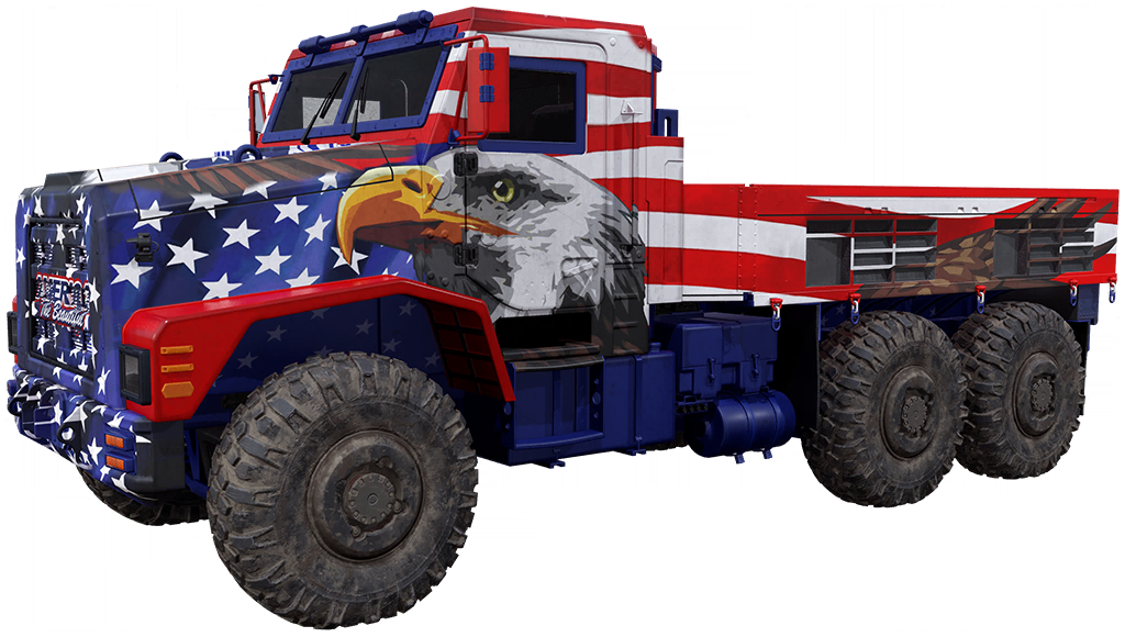 Keep On Truckin cargo truck with white stars on a blue hood, red-and-white stripes and a bald eagle on the cab.