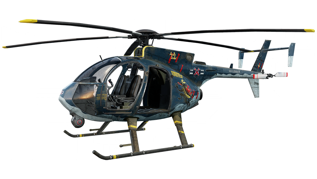 Air Raid light helicopter in dark navy, with aviation nose art and a white aviation badge crossed by a red ribbon.
