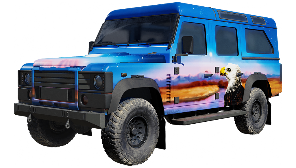 Eagle Rock SUV with a bald eagle and desert-sunset mural beneath a blue sky.