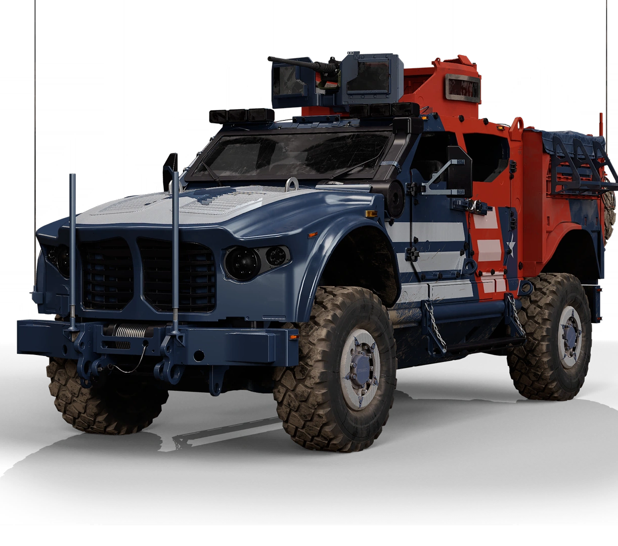 Frontline Stripes tactical vehicle in blue and white with orange-red Call of Duty Endowment graphics.