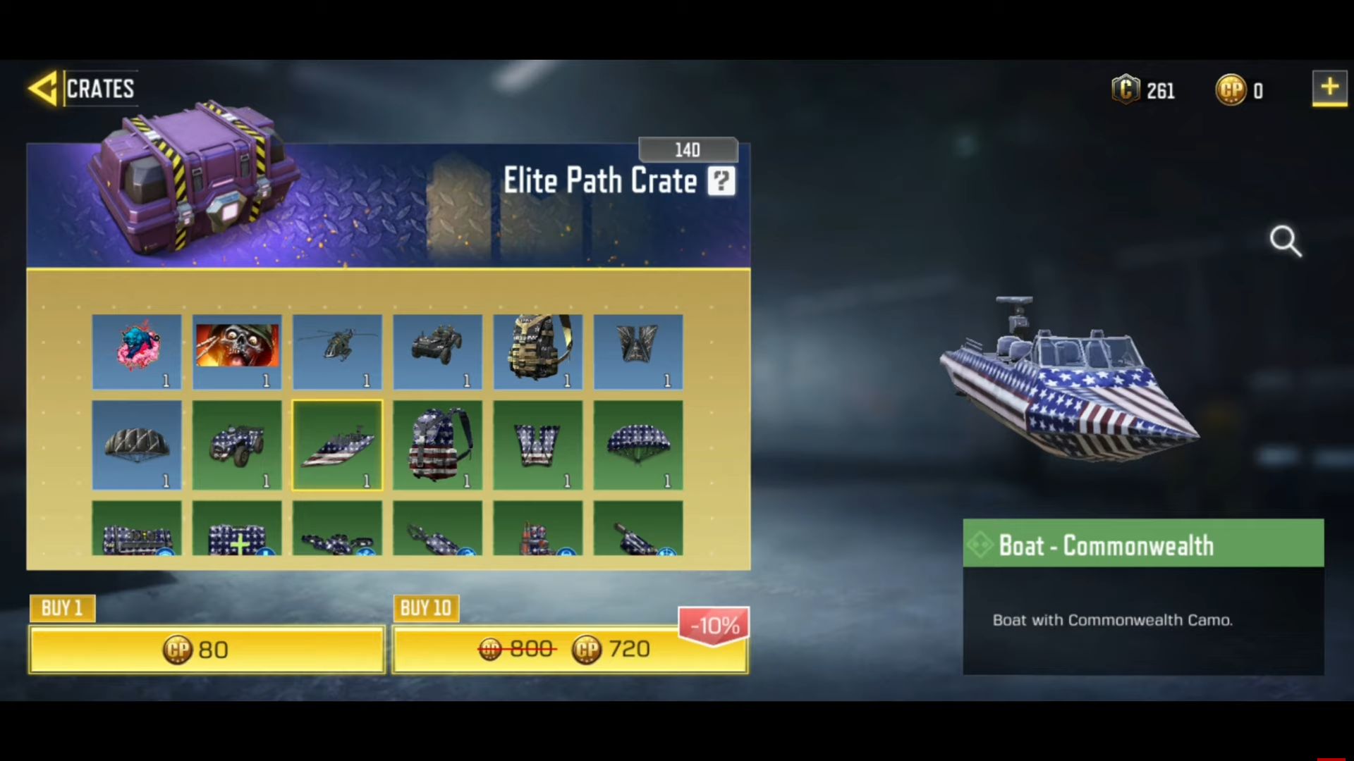 Call of Duty: Mobile Boat — Commonwealth, with stars and stripes across the bow and hull, shown beside its in-game name and the Elite Path Crate menu.