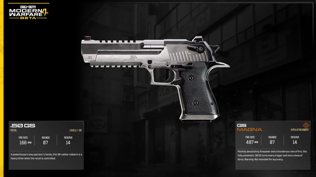 Offizielle Modern Warfare 4 Waffenkarte, die die .50 GS Pistole zeigt.