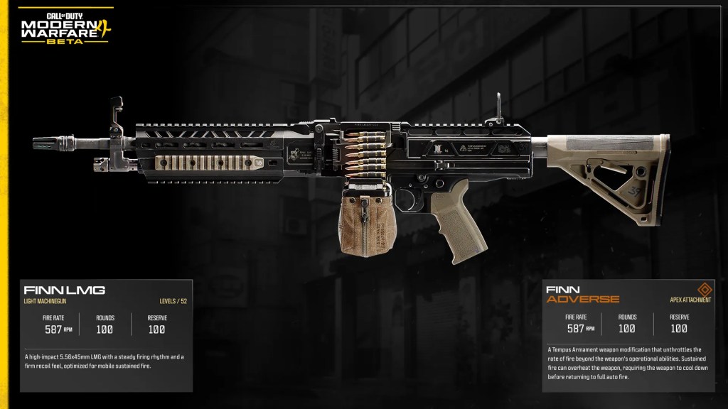 Offizielle Modern Warfare 4 Waffenkarte, die das leichte Maschinengewehr FiNN LMG zeigt.