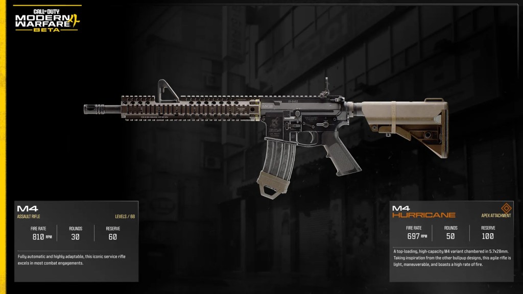 Offizielle Modern Warfare 4 Waffenkarte mit dem M4-Gewehr.