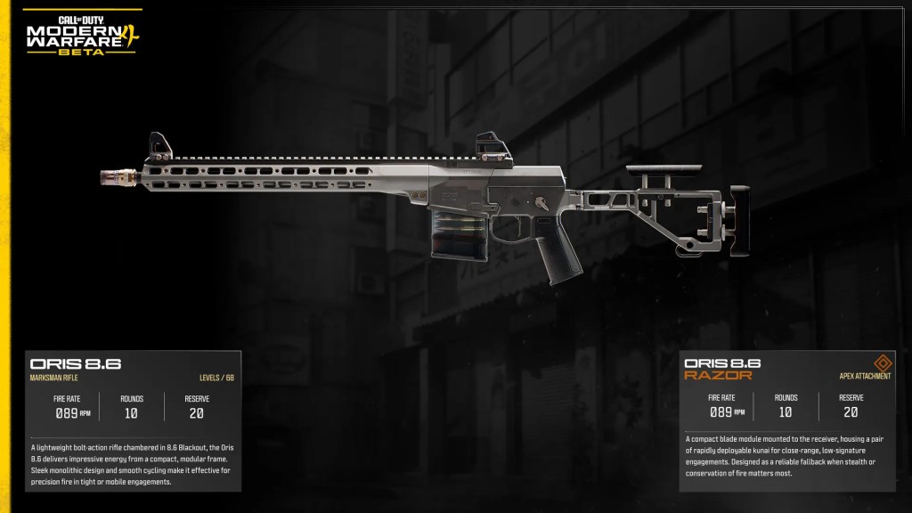 Offizielle Modern Warfare 4 Waffenkarte mit Abbildung des Oris 8.6 Gewehrs.