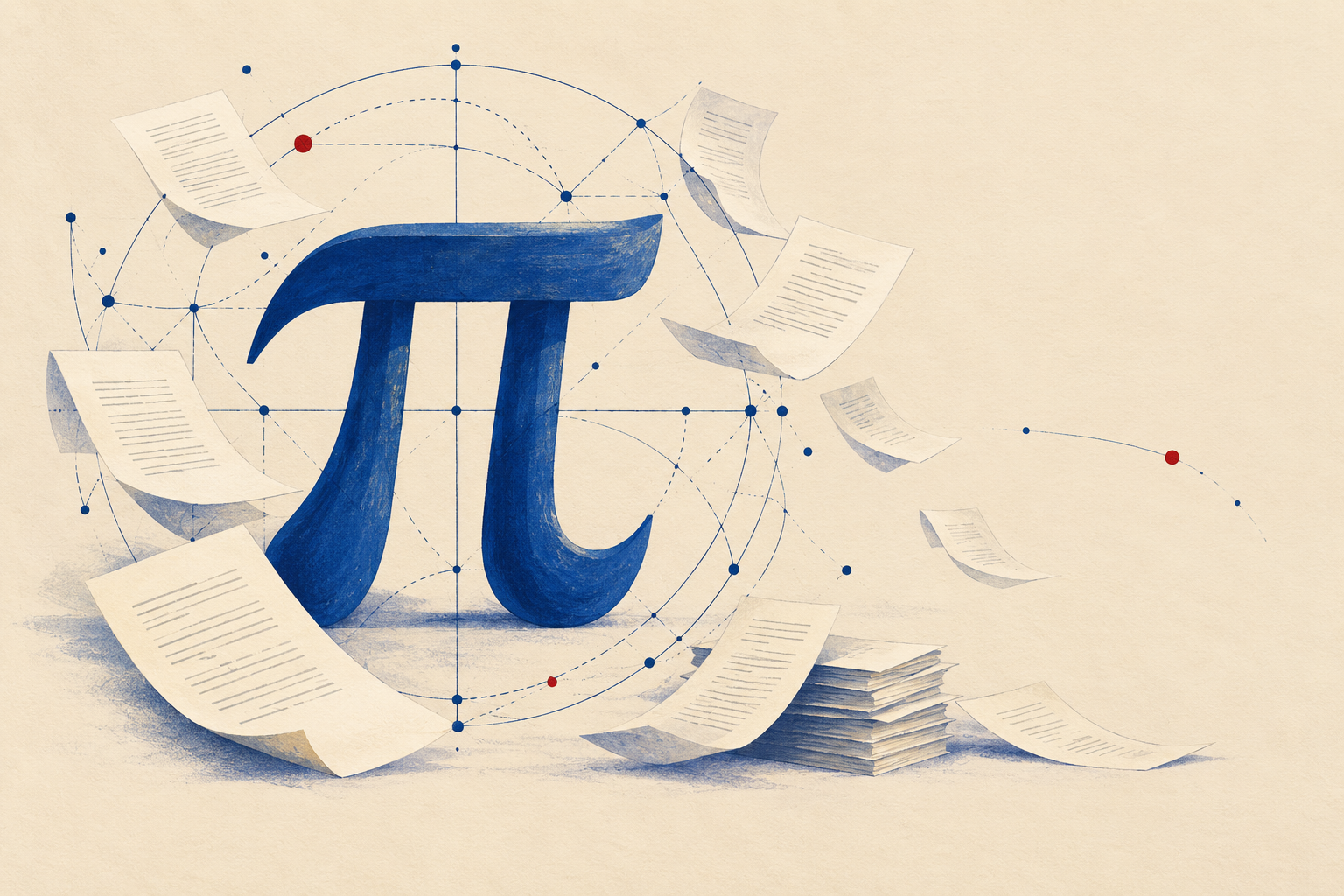 Eine redaktionelle Illustration zeigt ein blaues Pi-Symbol, umgeben von Forschungspapieren und geometrischen Linien auf cremefarbenem Papier.