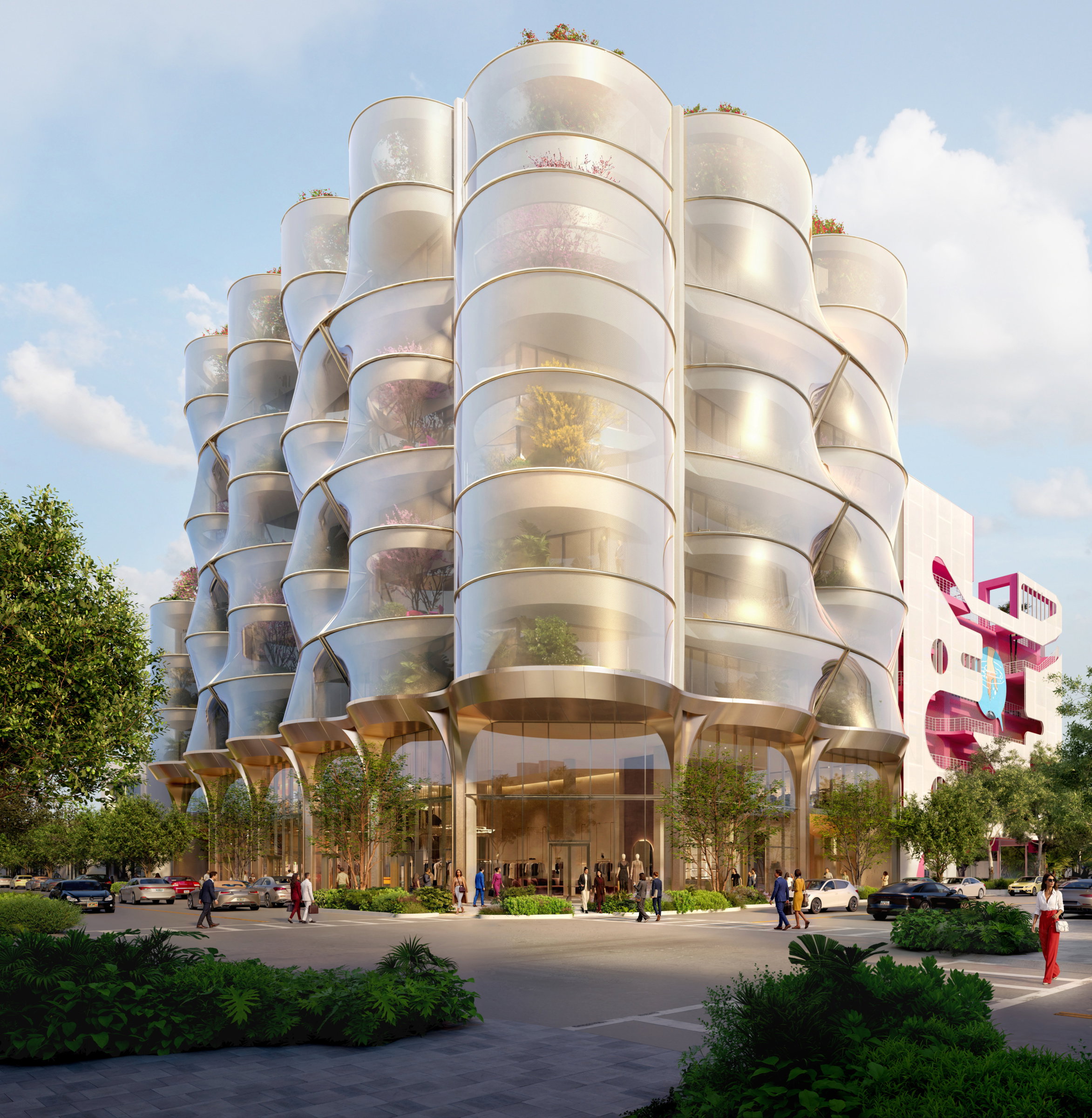 Architectural rendering of Sweetbird North’s planted terraces and exterior mesh screen.